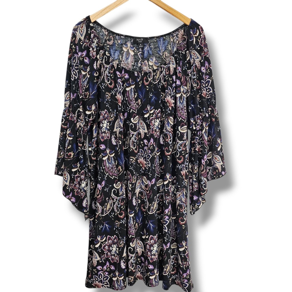 Naif Shift Dress 1X Bell Sleeve Boho Paisley Black Purple Blue Whimsy Fairy Boho